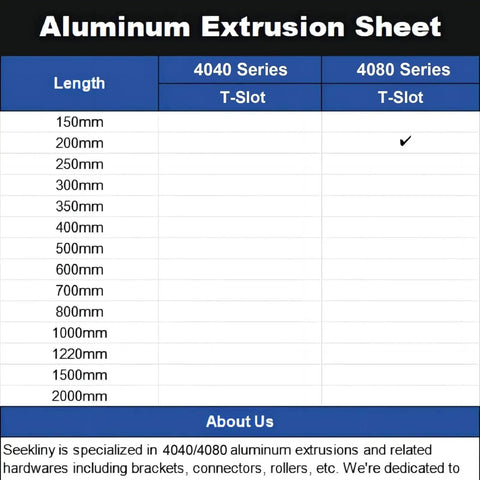 Aluminum extrusion sheet showing T-slot lengths for 4040 and 4080 series, highlighting 200mm for 4080 series.