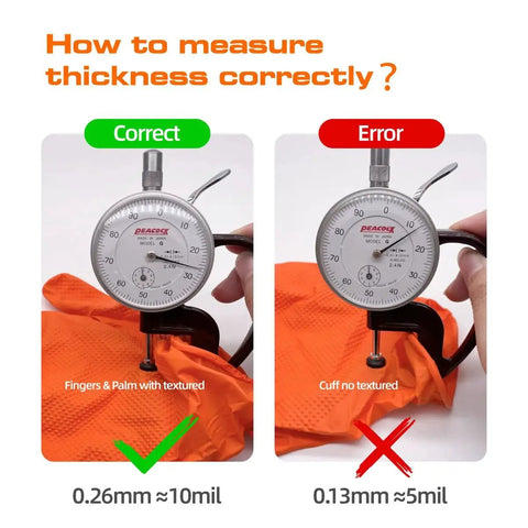 Comparison showing correct and incorrect methods to measure thickness of 10 Mil Diamond Textured Nitrile Gloves Heavy Duty Latex Free Powder Free X Large.