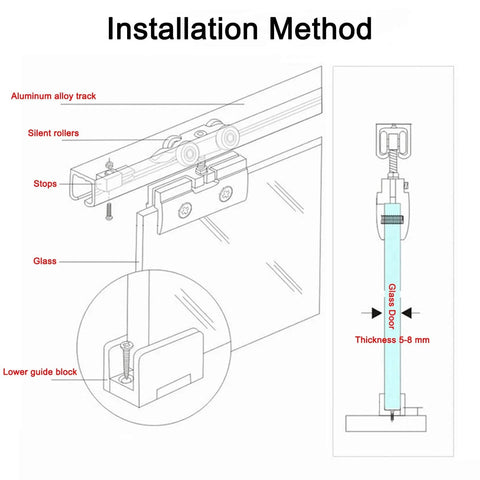 Installation guide for Quiet Sliding Door Track Kit With Silent Rollers For Glass Closet Barn Pocket Doors Ceiling Mounted Aluminum Rail Pro Grade Build Adjustable Length From Three Point Three To Twenty One Point Seven Feet showing track, rollers, and glass fitting.