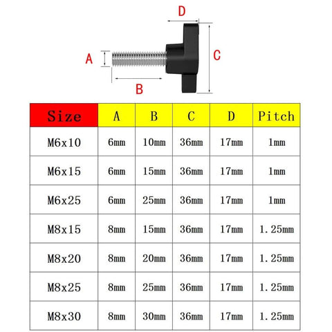 Size chart for thumb screws with dimensions A, B, C, D; 4 Pack M8 X 30mm Thumb Screws 304 Stainless Steel With 36mm Knurled Z Handle