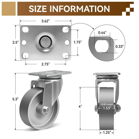 Technical diagram of 4 Inch Heavy Duty Cast Iron Caster Wheels Set Of 4 With 1600 Lb Load Capacity showing dimensions and construction details.