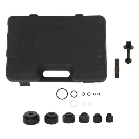 Heavy-Duty 10 Ton Hydraulic Knockout Punch Driver Kit With 1/2 Inch To 2 Inch Dies, black carrying case, and components arrayed