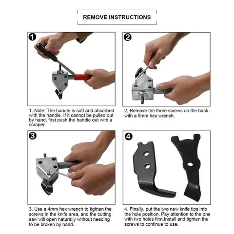 Step-by-step assembly instructions for Power Sheet Metal Cutter Head For Electric Drill, showcasing hex wrench and cutter components.