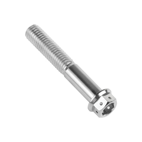 Titanium Flange Hex Head Bolt M10 X 60mm with 1.25mm pitch, Grade 5 6AL 4V titanium alloy, silver finish, angled view