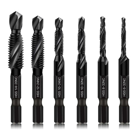 6 Pack Combination Drill And Tap Bit Set For SAE Threads 6-32, 8-32, 10-32, 10-24, 12-24, 1/4-20 With Anti Rust Black Coating