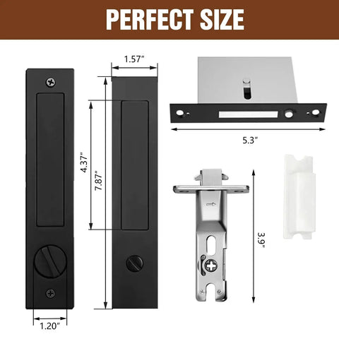 Pocket Door Lock Set With Edge Pulls And Hidden Handles For Sliding Doors Black Privacy Finish dimensions shown