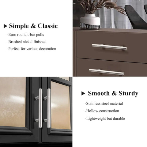 30 Pack 3 Inch Hole Centers Kitchen Cabinet Handles Euro T Bar Pulls in Brushed Nickel Stainless Steel on dark cabinets