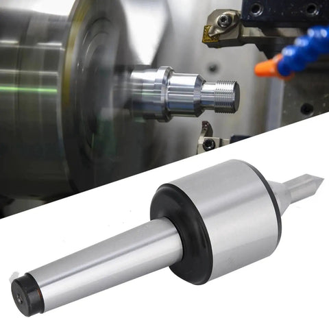 60 Degree CNC Live Center For Lathe Tailstock With High Accuracy 0.000197 Inch Carbon Steel Built Tough For Lathe Turning And CNC Work Heavy Duty 440 Lb Load One Piece Molding Balanced Revolving Center installed on lathe machine, close-up view.
