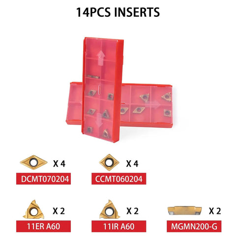 14-piece insert set from 21 Piece Lathe Tool Kit With Indexable Carbide Inserts For Turning Grooving Threading And Boring Three Eighths Inch Shank Ten Millimeter Fourteen Carbide Inserts And Seven Cutting Holders In One Pro Grade Set