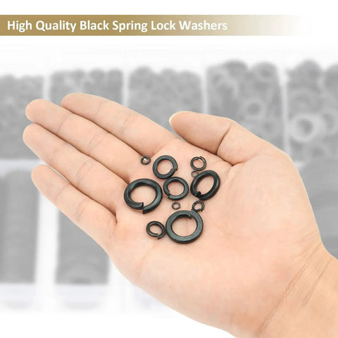 Kindroufly 8.8-grade alloy steel lock washers assortment in 9 sizes (M2–M12), held in hand