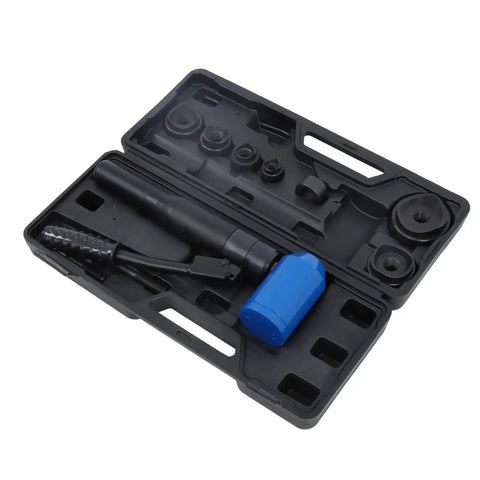 Open case displaying Hydraulic Knockout Punch Kit 8 Ton Conduit Hole Cutter Set with 6 Dies for Metal Sheet Panel Power Tool