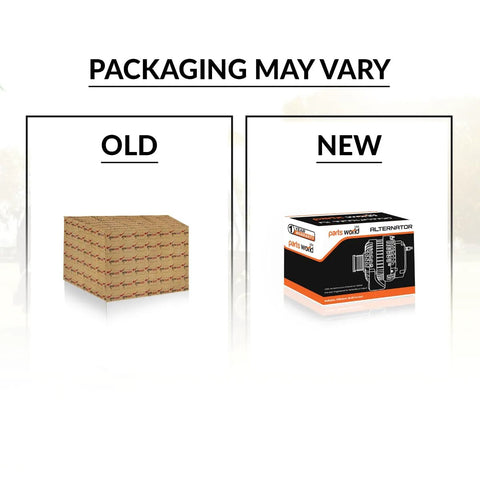 Comparison of old and new packaging for High Output 12V 145A GM Alternator For Silverado Sierra Yukon Trucks.