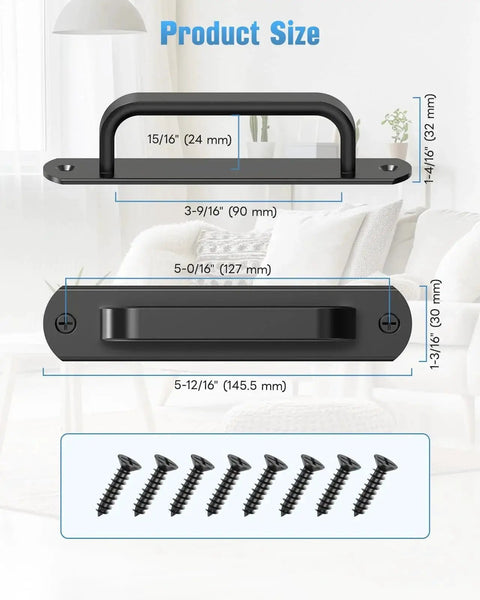 Dimensions of black 5.7 Inch Sliding Barn Door Handle Aluminum Alloy Cabinet Pull with screws, ergonomic design shown in room setting.