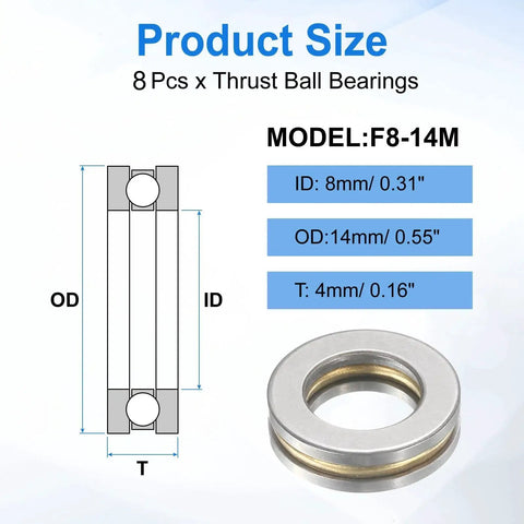 Illustration and dimensions of Miniature Thrust Ball Bearing Set 8mm Bore 14mm Outer 4mm Width With Washers Chrome Steel Single Direction by Uxcell