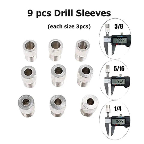 9 pcs drill sleeves set for woodworking with size measurements 3/8, 5/16, 1/4 inch, shown with caliper measurements.