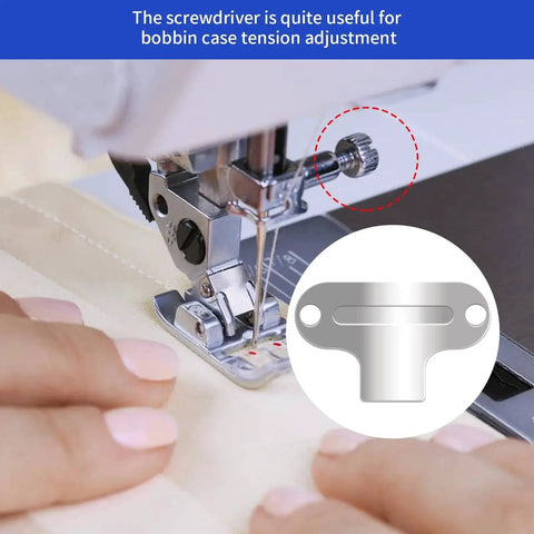Close-up of sewing machine cleaning kit near presser foot; 7-piece set with tweezers and small screwdrivers.