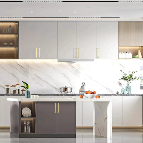 Modern kitchen with 10 Pack 5 Inch Champagne Bronze Cabinet Handles and Pulls for Kitchen Cabinets and Drawers 128mm Cabinet Hardware.