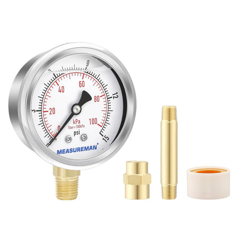 MeasureMan air pressure gauge kit with 0-15 psi liquid-filled gauge, brass adapters and PTFE tape
