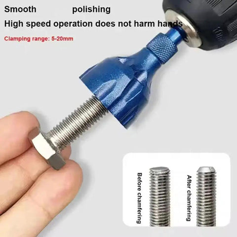 Titanium Coated Countersink Chamfer Tool Set with 90 Degree High Speed Steel Bits used on a threaded bolt for chamfering.