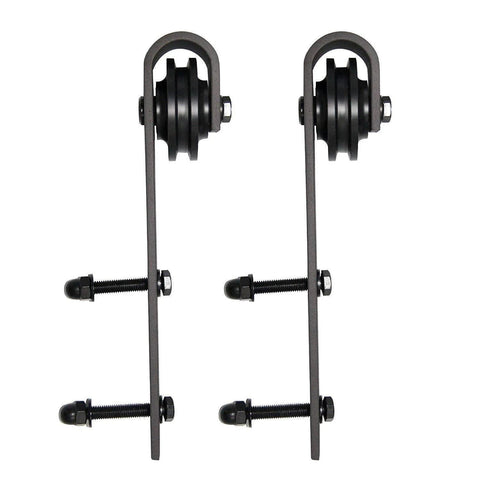 Top mount hardware hangers for Double Sliding Lite Panel Barn Bypass Doors 64 By 84 Inch with rail kit, black steel finish