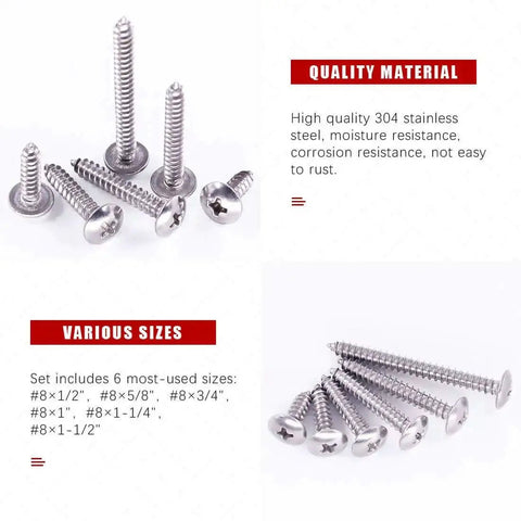 Number 8 304 Stainless Steel Phillips Truss Head Self Tapping Sheet Metal Screws Fully Threaded Assortment Kit Set with 240 Pieces, various sizes