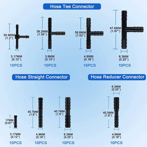 Diagram of Epic 84 PC Silicone Vacuum Hose Kit With 6.6 Ft Hoses And 80 Connectors For Cars And DIY Auto Projects, showing tee, straight, and reducer connectors with dimensions.
