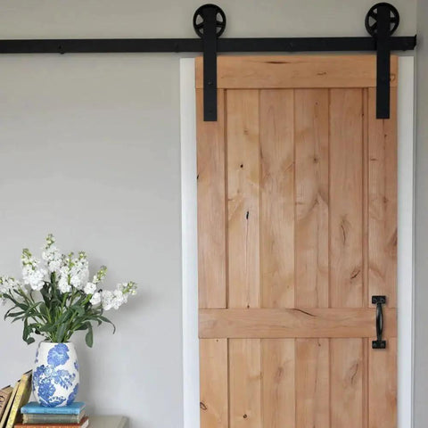 Barn door with Six And A Half Inch Black Pulls Two Pack For Barn Doors Garage Doors Screen Doors Fences And Cabinet Or Tray Board Applications.