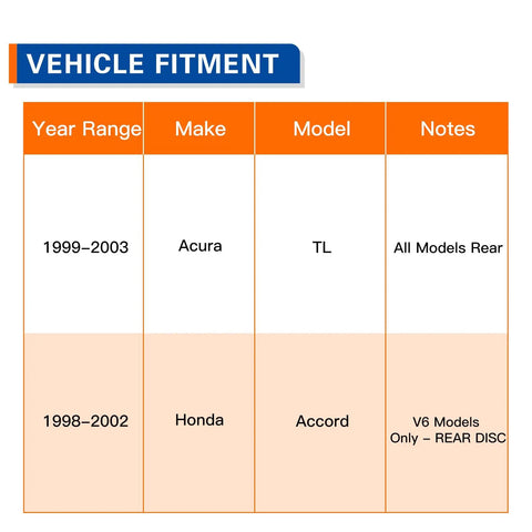 Vehicle fitment chart for Rear Wheel Hub and Bearing Assembly For 1999 Through 2003 Acura TL And 1998 Through 2002 Honda Accord V6 Models Rear Disc Compatible OEM Grade Replacement.