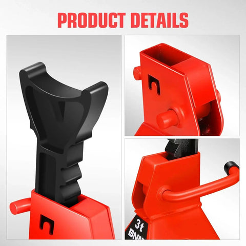 Close-up of 1 Pair 3 Ton Car Jack Stands With Adjustable Height For Cars SUVs Sedans showing red high-strength steel construction.