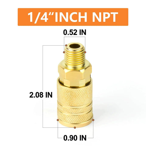 Heavy Duty 12 Piece One Quarter Inch NPT Male Quick Connect Air Couplers Set Steel Construction Interchangeable With Most Brands 300 PSI Max Working Pressure Ideal for Air Tools and Quick Tool Lineups, showing a single coupler with dimensions
