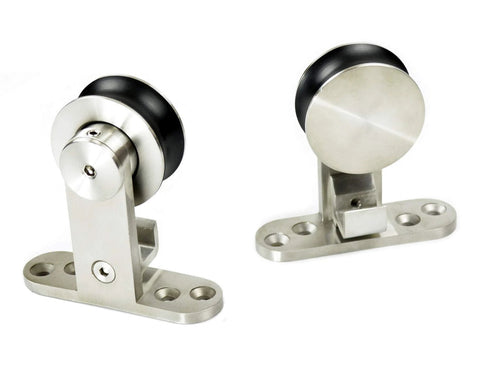 10 Foot Brushed Stainless Steel Double Sliding Barn Door Hardware Kit With Soft Close Top Mount Rollers shown close-up