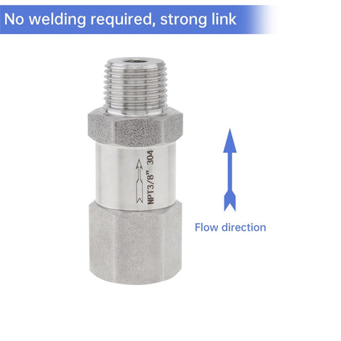 304 stainless steel check valve with 3/8 NPT male x female, hex nut ends and flow direction arrow.