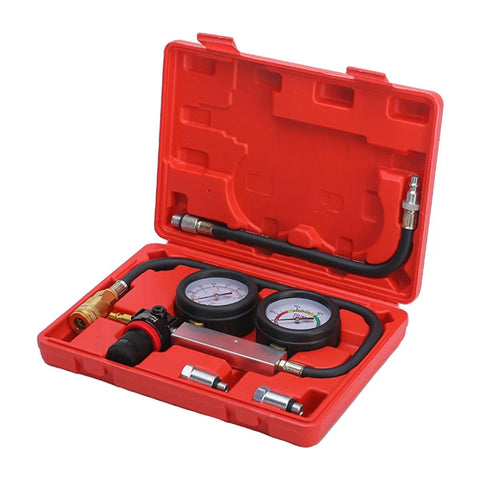 Cylinder Leak Down Tester Kit For Cars, Trucks And Motorcycles With Dual Gauge TU-21 in red carrying case