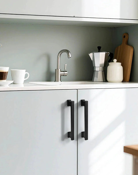 Modern kitchen with 5 Inch Matte Black Cabinet Handles Set Of 10 Heavy Duty Drawer Pulls For Cabinets And Dressers installed.