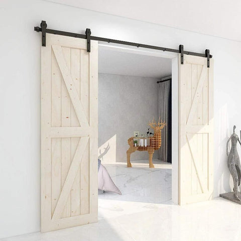 5.5 Foot Sliding Barn Door Hardware Kit Heavy Duty Track For Double Wood Doors installed in modern living room