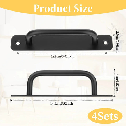4 Pack Black Aluminum Alloy 5 Inch Hole Center Gate Handles For Sliding Barn Doors And Bifold Closet Doors With Plate Includes 8 Screws Durable Door Pull Handles For Pocket Doors Heavy Duty Construction showing size dimensions.