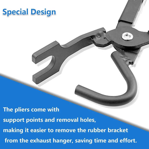 Close-up of Exhaust Hanger Removal Tool and Rubber Bracket Pliers for All Vehicles in black metal, showing special design features.