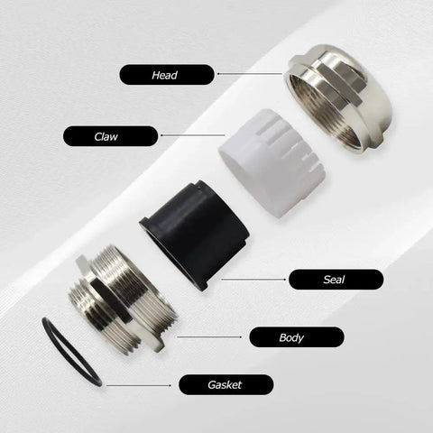 Exploded view of NPT Three Quarter Inch Nickel Plated Brass Waterproof Cable Glands Set Of Four features and components