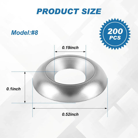 Countersunk finish washer #8, 304 SS, silver; 0.52 in OD, 0.19 in hole, 0.1 in thick, 200 pcs