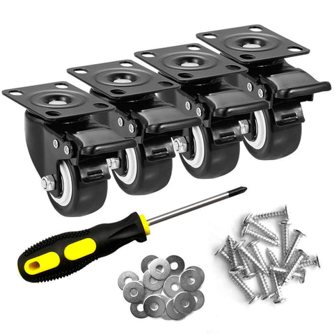 2" Caster Wheels Set of 4, Heavy Duty with Brake - Locking Polyurethane (PU) No Noise Swivel Plate Casters, Pack of 4 - Canadian Ball Bearing Supplier.