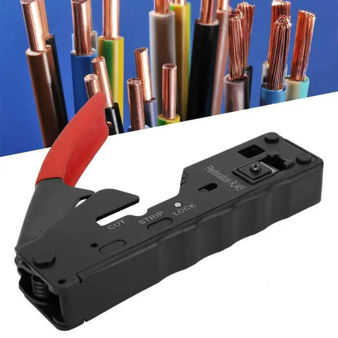 All In One Ethernet Cable Crimping Tool with Wire Cutter and Stripper for Cat5 Cat5e Cat6 Cat6a Cat7 with Red PVC Handle