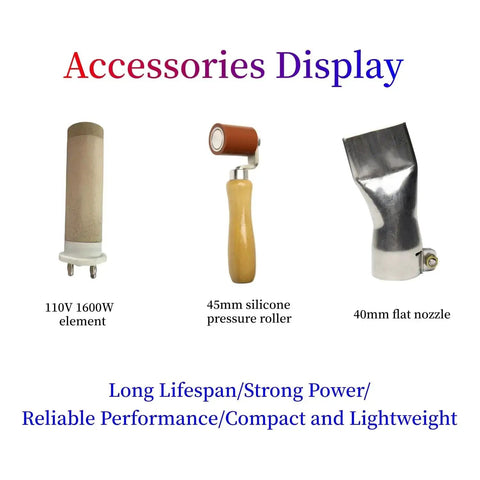 Accessories for Beast 1600W 110V Hot Air Gun Welding Torch, including 1600W element, silicone pressure roller, and flat nozzle.