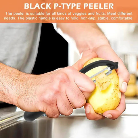 Black Crinkle Cutter With Onion Holder And P Type Peeler Stainless Steel Wavy Veggie Slicer With Handle Potatoes And Veggies Slicing Tool Set No Nonsense Kitchen Gadget For Onions Carrots Cucumbers And More being used to peel a potato over a sink.
