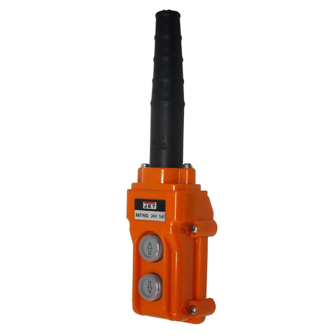 Front view: JET orange pendant control for 5-ton electric chain hoist; black handle and two gray push buttons.