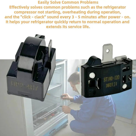 2-Pack PTC Refrigerator Starter Relay Kit With Overload Protectors 6750C-0005P shown with technician adjusting fridge