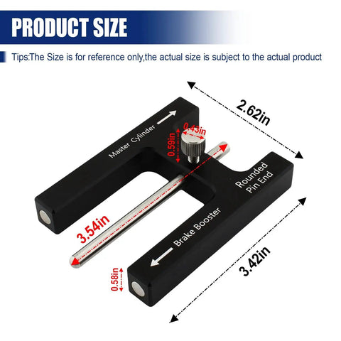 Angled view of UHANBUT brake booster push rod adjustment tool, aluminum, black with knurled adjuster knob and pin end.