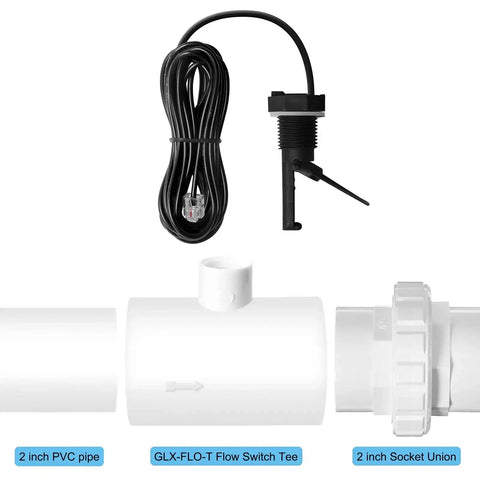 Flow Switch Replacement Kit For Goldline Aquarite Salt Systems, featuring flow sensor assembly, tee, 15 ft cable, GLX-FLO-RP.