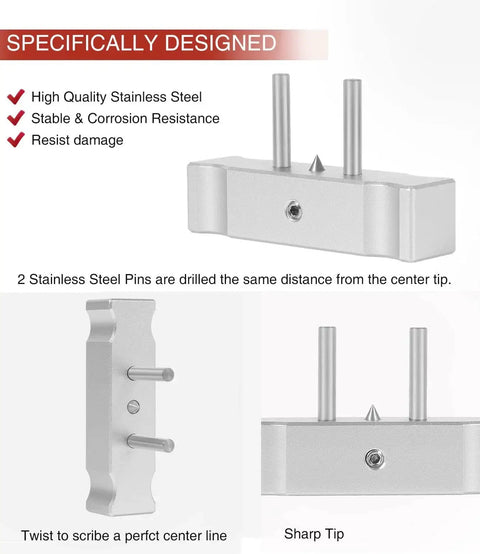 Aluminum Self Centering Scribe Doweling Jig For Marking Centerlines On Knife Stock Barstock Wood And Metal With Stainless Steel Guides By SixCow, shown with stainless steel pins, side view, and sharp tip detail.