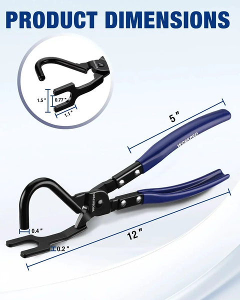Heavy-Duty Exhaust Hanger Removal Tool With Non-Slip Grip For Rubber Hangers, dimensions labeled, black and blue handle.