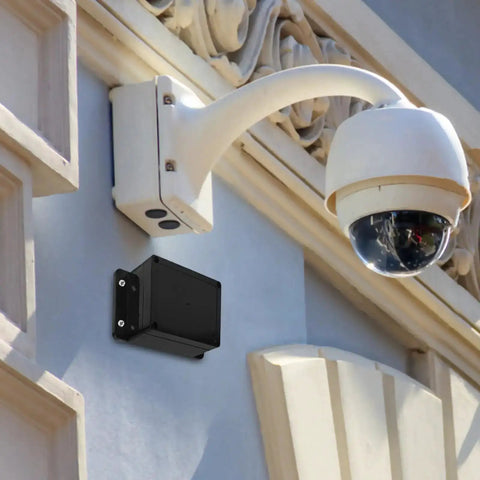 Beefy Black Plastic Waterproof Electrical Junction Box 115x90x55mm With Mounting Ears installed near a security camera